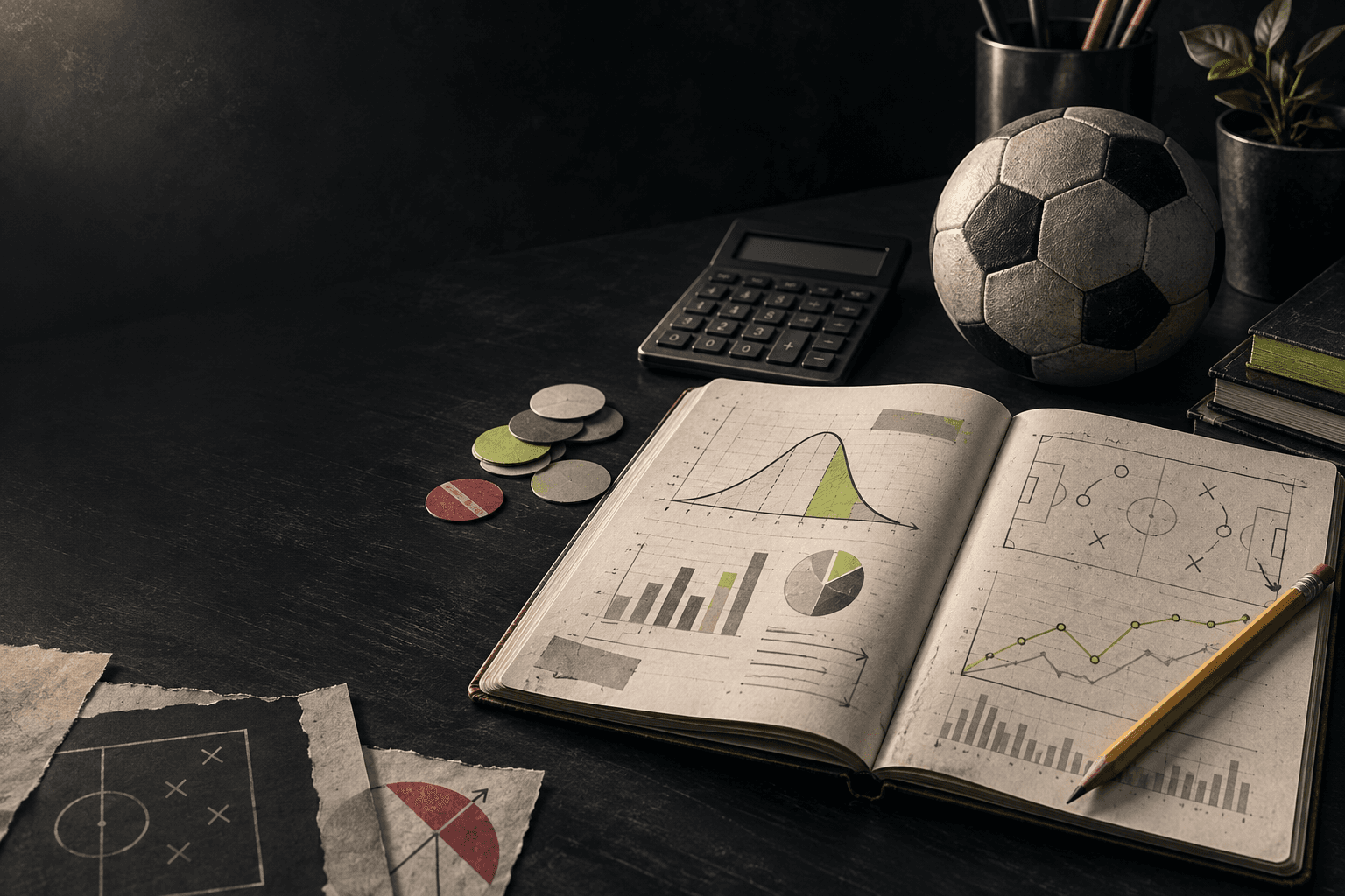 Cuaderno con gráficos de probabilidad, calculadora y balón de fútbol